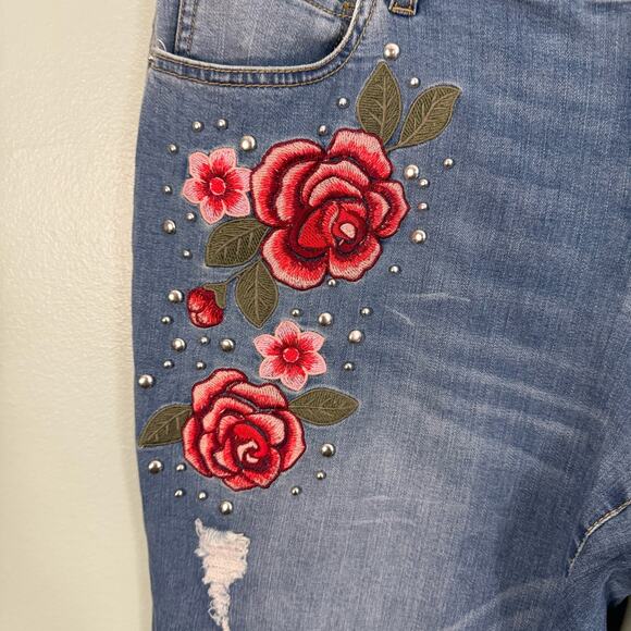 INC Denim Jeans 12 Boyfriend Regular Fit Floral Embroidered Distressed Blue - Picture 6 of 9